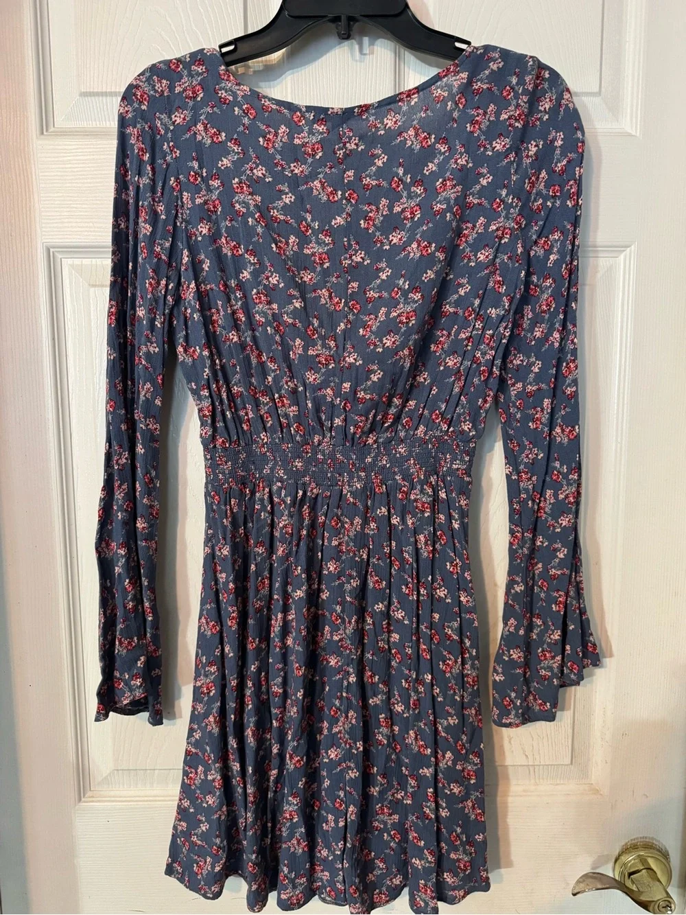 Floral Tie-Front Long Sleeve Dress in Navy Blue